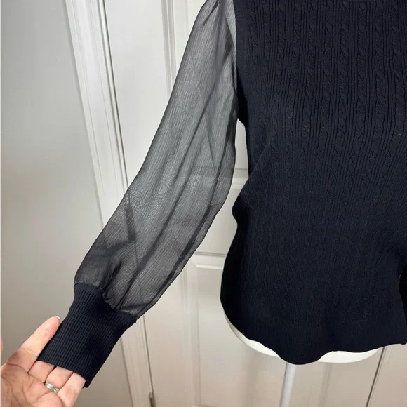 Talbots Petite Black Textured Knit Sweater Sheer Sleeves OfficeCore - Picture 4 of 8